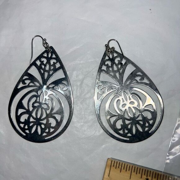 Stainless Steel Large Filigree Teardrop Earrings - Picture 2 of 8